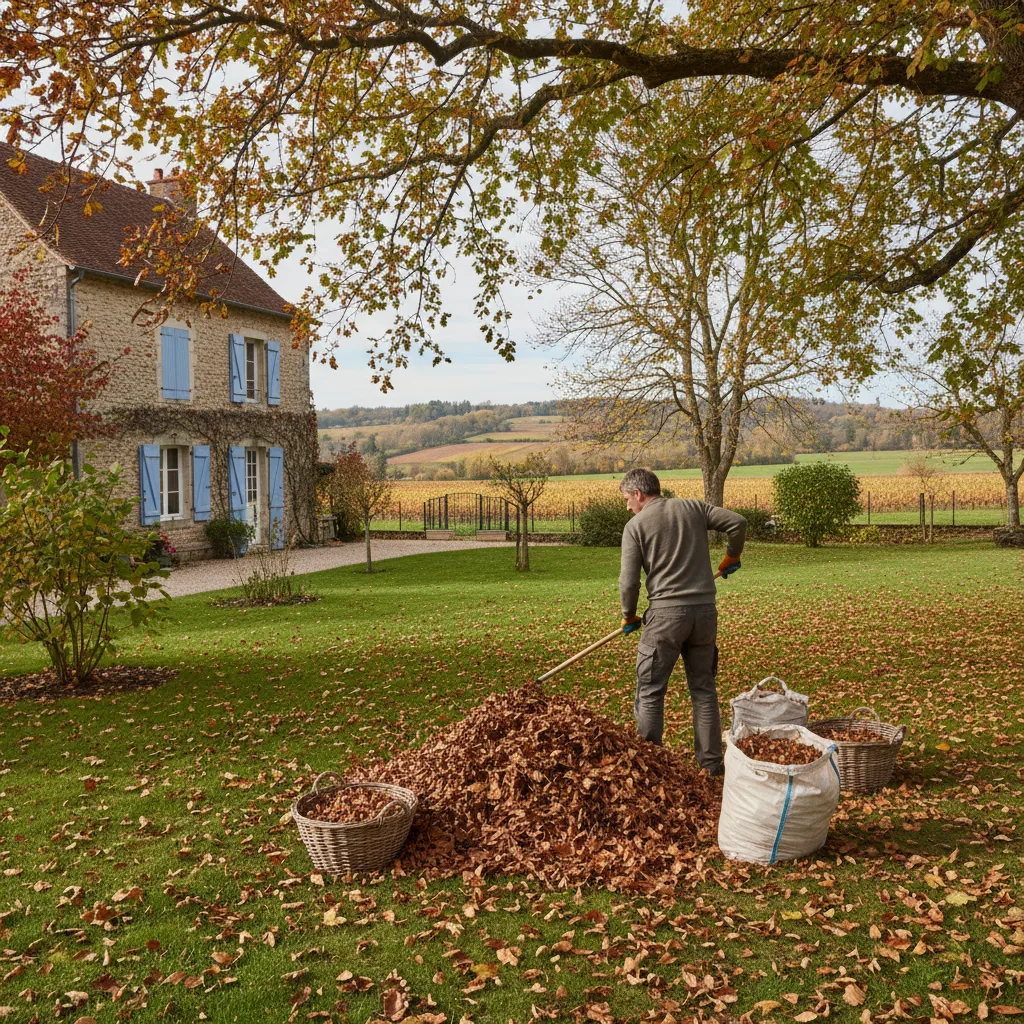 Autumn leaf collection in a garden in Charente